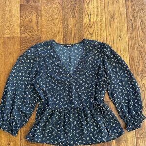 Madewell Floral Navy Wrap Top, Size Medium